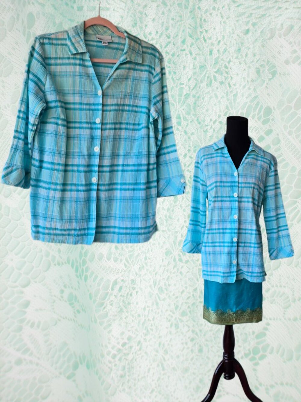 Sky Blue and White Plaid Button Down Blouse 3/4 Sleeves Medium